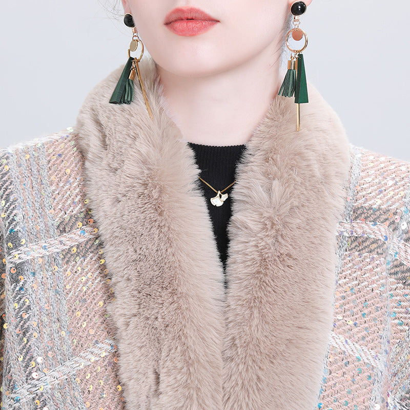 Autumn and winter new sequined knitted shawl fur collar jacket piled and thickened versatile plaid cape shawl Q0999 #