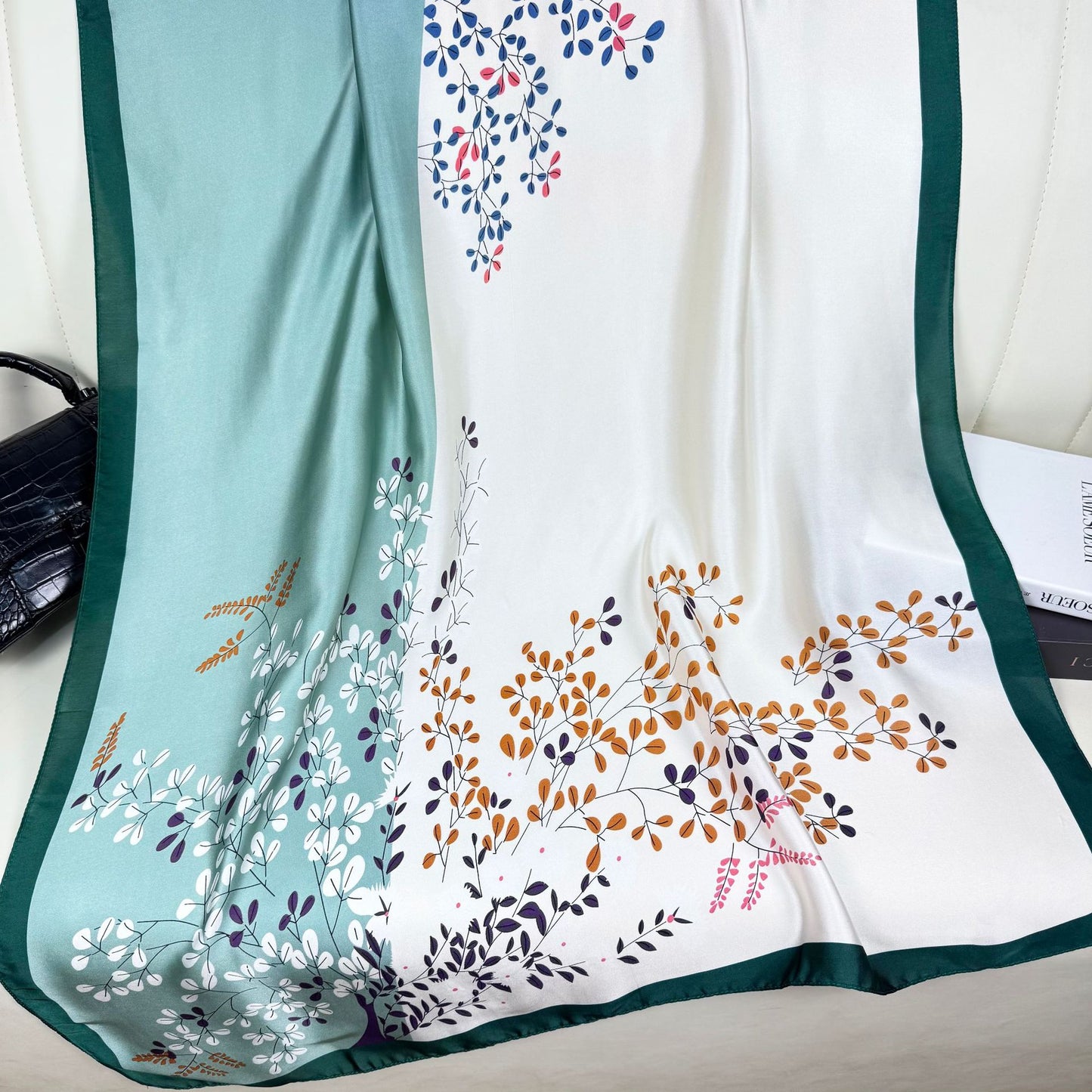 Korean version of simple and versatile geometric color matching plants and flowers long silk scarves, simple and elegant ethnic women with thin shawls