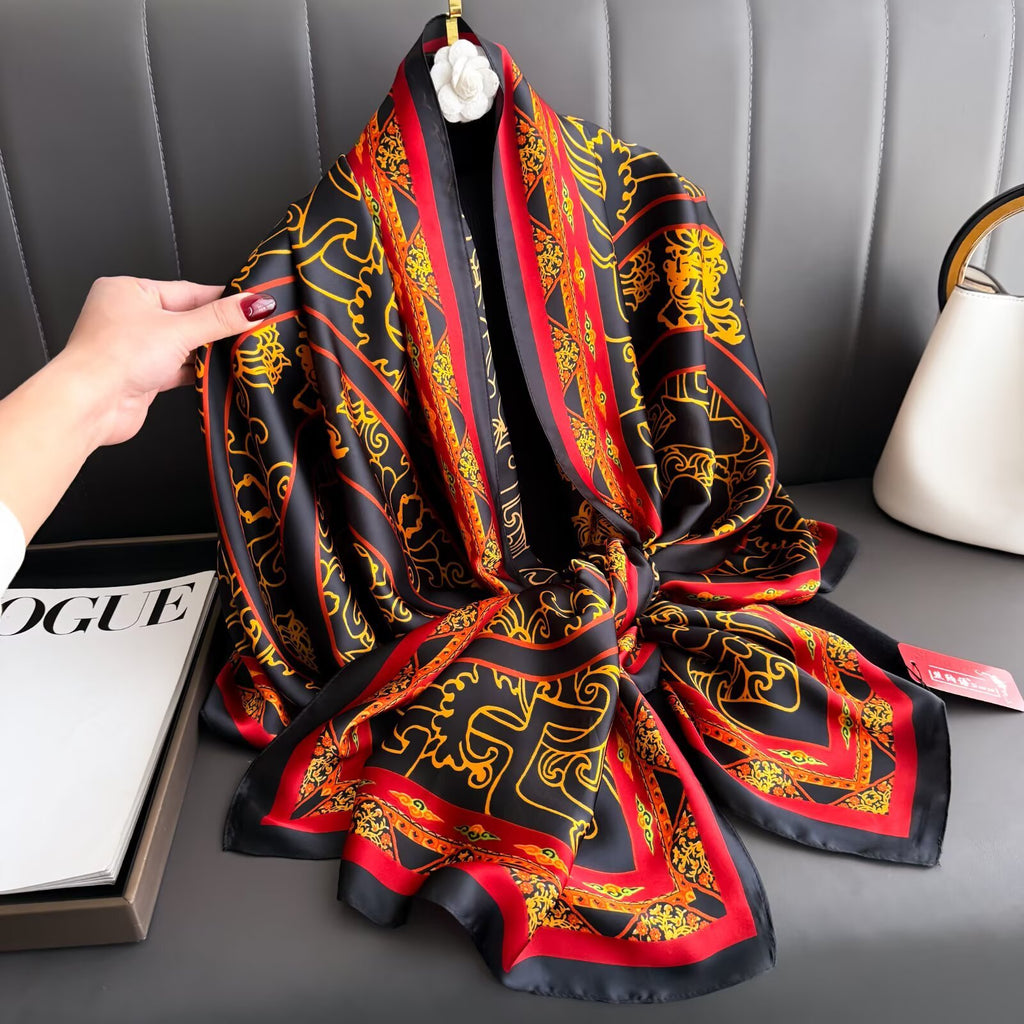 Retro ethnic style blessing character printing long silk scarf, simple and elegant temperament women's outer shawl, hand-in-hand gift silk scarf