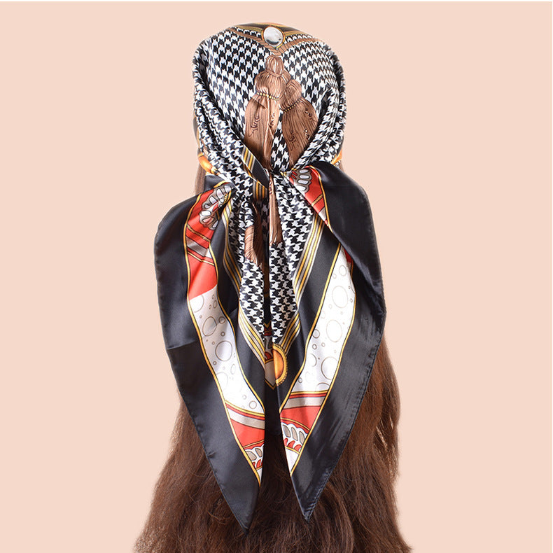 Spring new large shawl simulation silk thousand bird grid printing silk scarf head scarf 90-color diced large square scarf