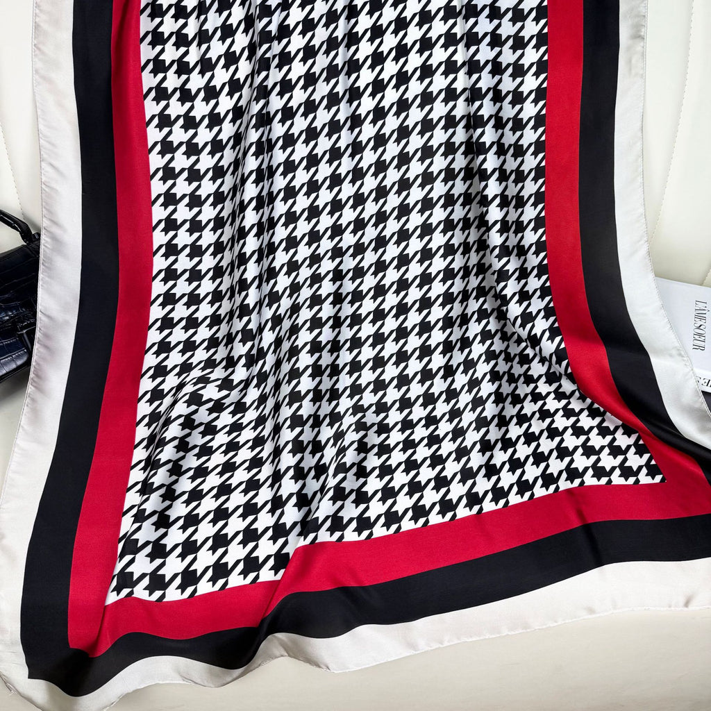 Simple and fashionable versatile thousand bird plaid simulation silk long silk scarf, ethnic headscarf women, outer shawl