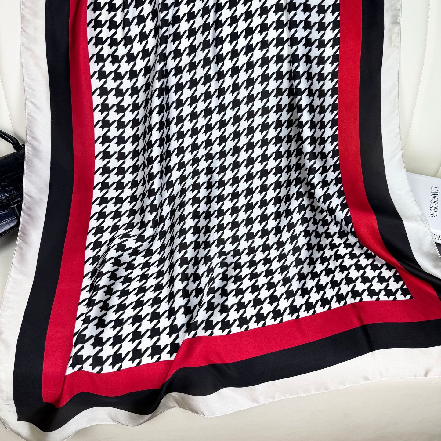 Simple and fashionable versatile thousand bird plaid simulation silk long silk scarf, ethnic headscarf women, outer shawl