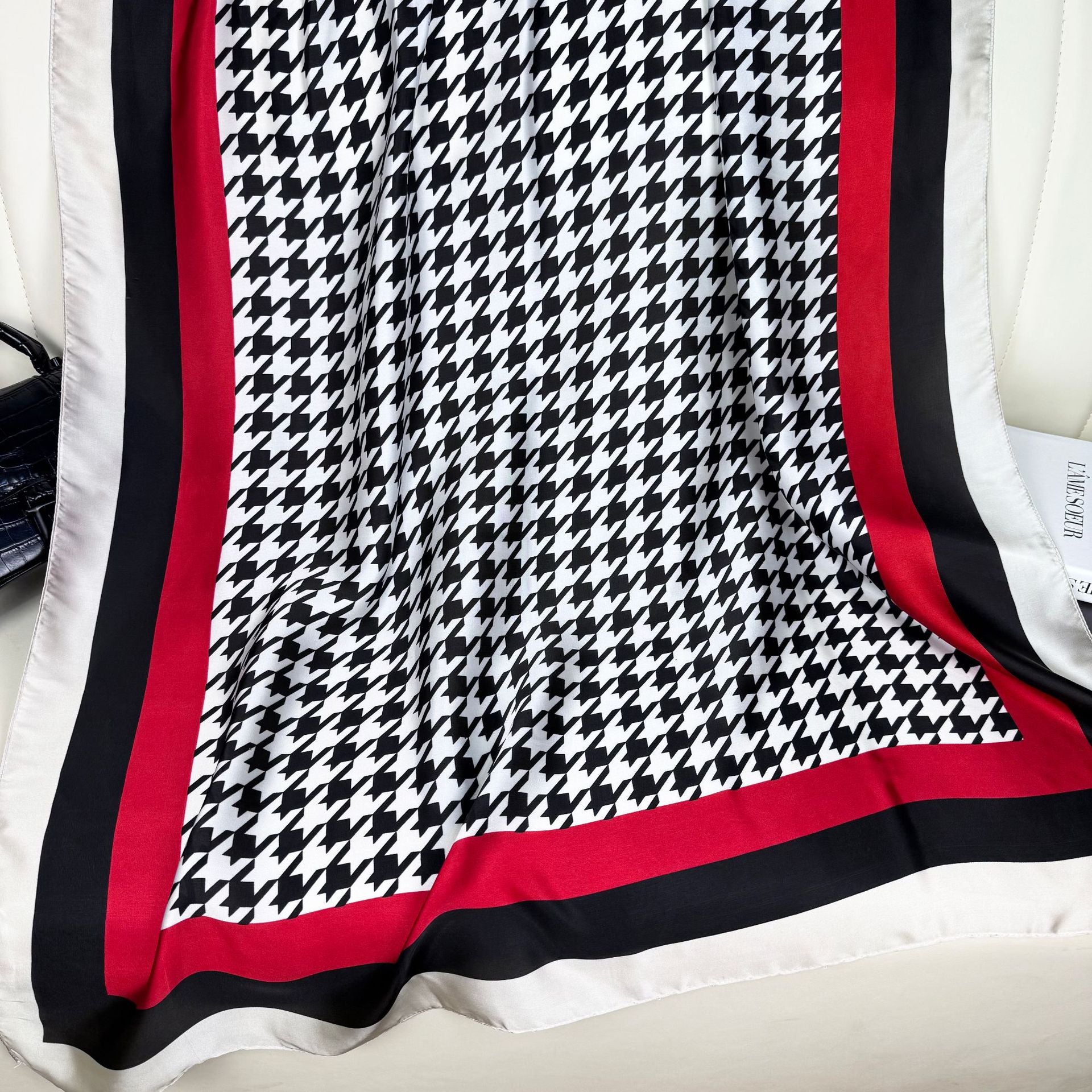 Simple and fashionable versatile thousand bird plaid simulation silk long silk scarf, ethnic headscarf women, outer shawl