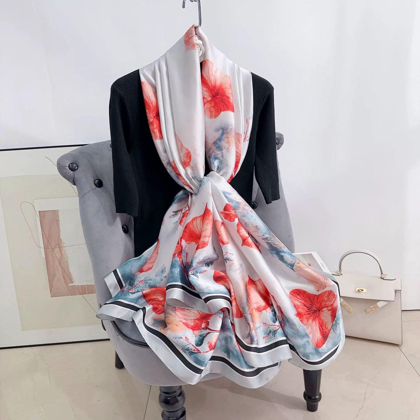 INS style Japan and Korea plant flower print scarf Mother's Day gift light luxury style retro temperament long scarf