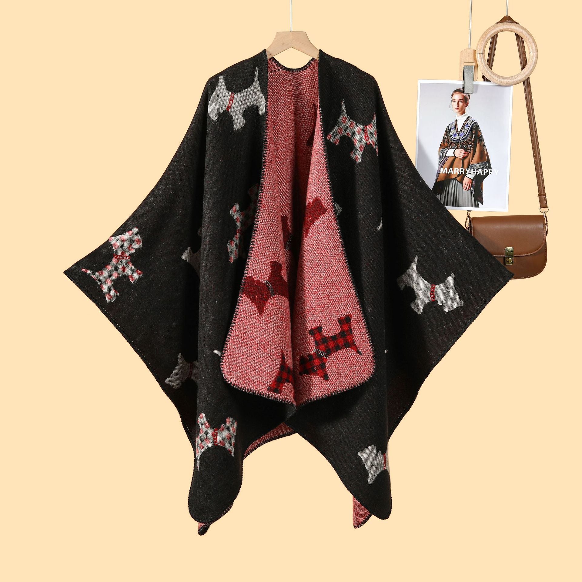 Women's simple cartoon picture split shawl autumn and winter thickened warm jacquard cloak cardigan hot new