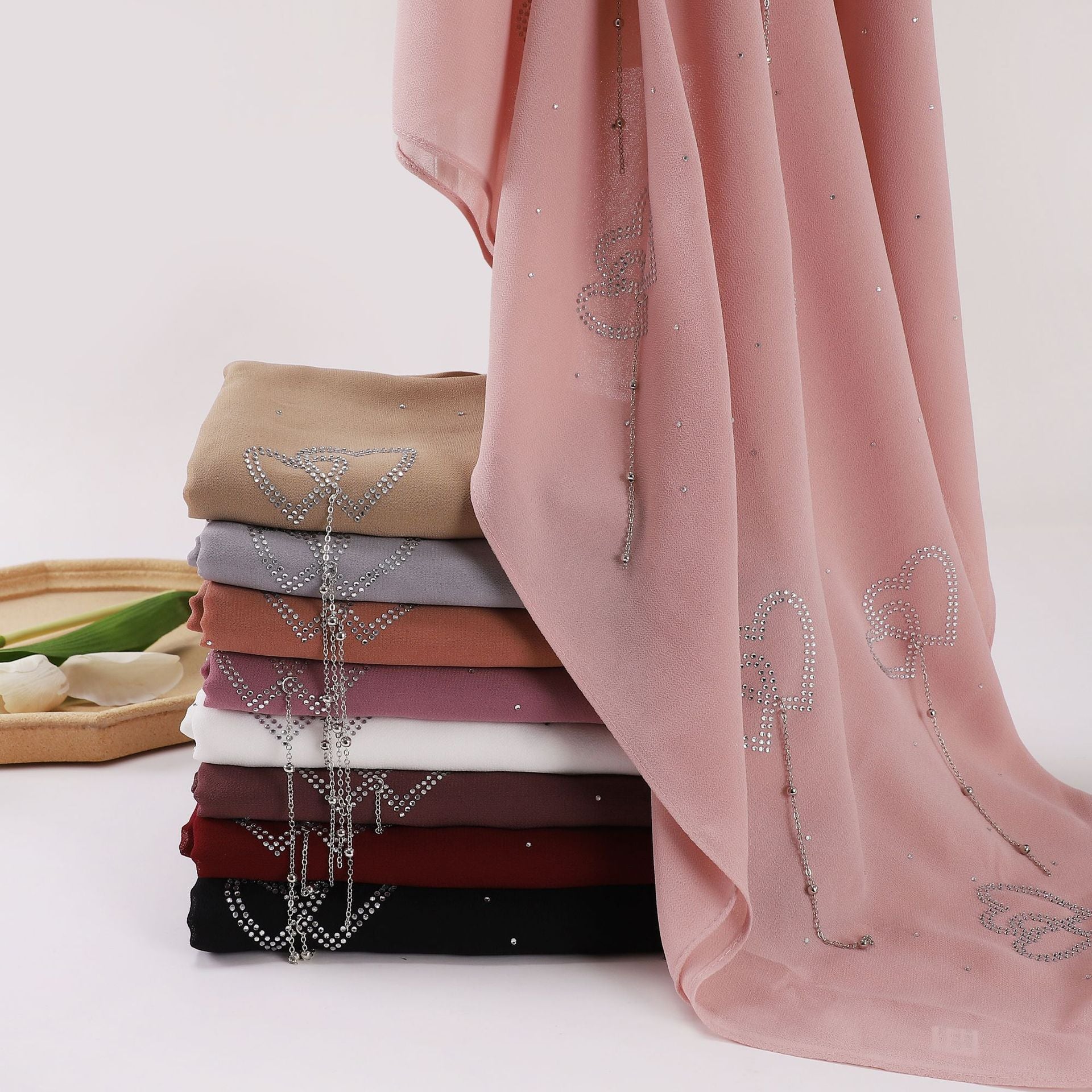 New pearl chiffon double love hot diamond hanging pendant long towel yarn Middle East Malay headscarf