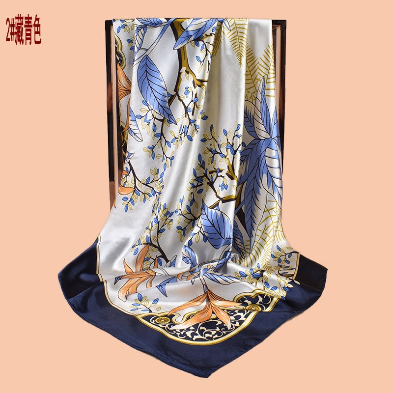 2025 new 90cm satin branches and leaves printed square scarf with sunscreen, bag head silk scarf decoration, scarf