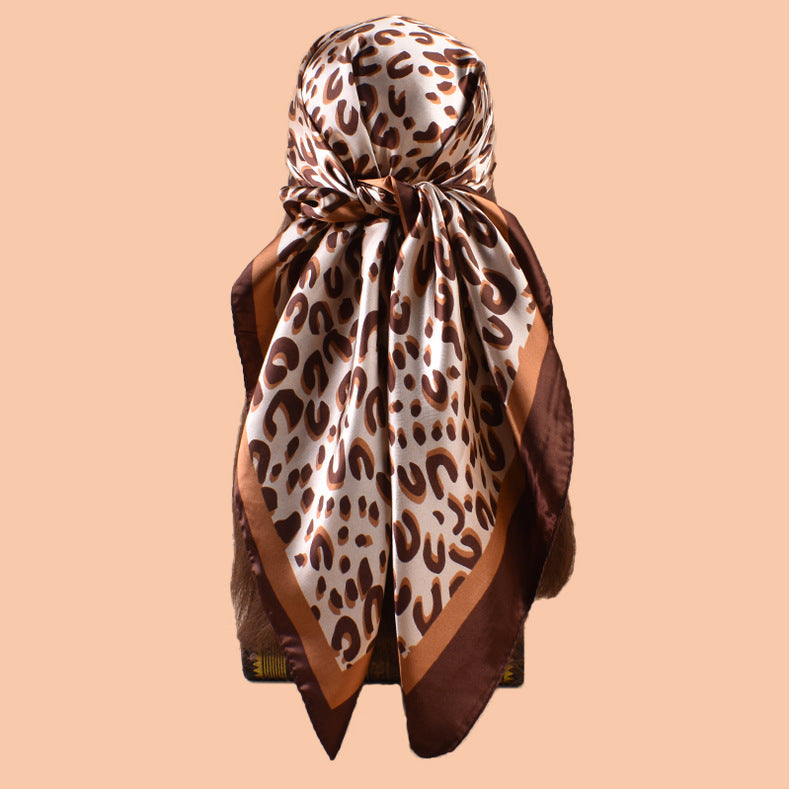 2025 new 90-satin U-word leopard print versatile printed square scarf with sunscreen, bag head silk scarf decoration, scarf