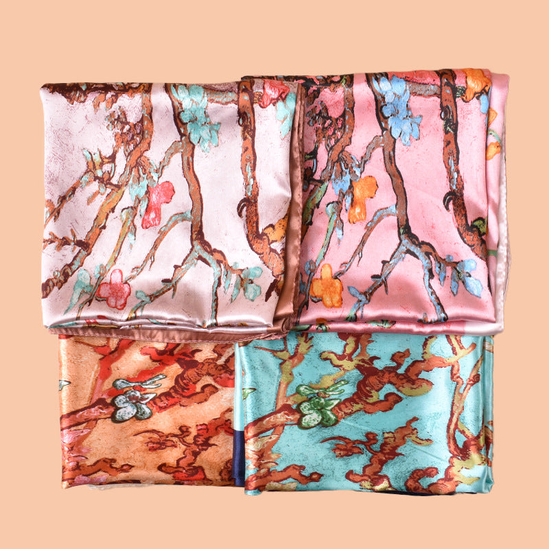 2025 new 90cm-color ink painting plum blossom printing square scarf with sunscreen, bag head silk scarf decoration, scarf