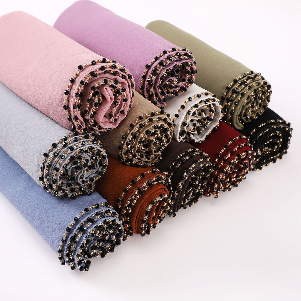 New copper chain, black crystal pearl chiffon scarf, yarn scarf, Middle East and Africa headscarf.