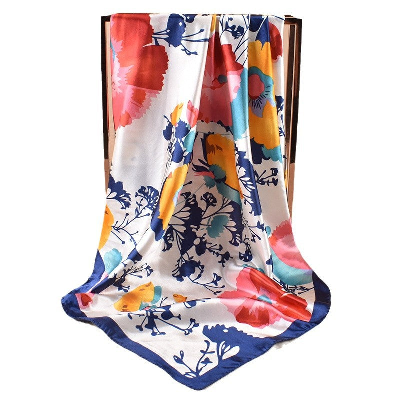 New 90cm-satin large flower sun flower printing square scarf with sunscreen, bag head silk scarf decoration, scarf