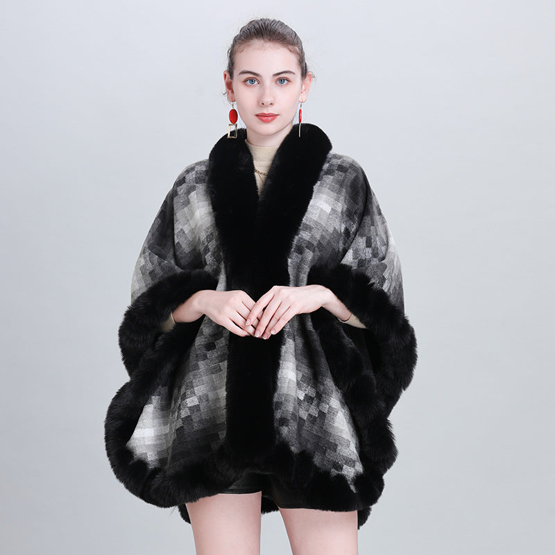 European and Korean autumn and winter fashion new scarf shawl plaid plush thickened fur collar shawl cape 0987