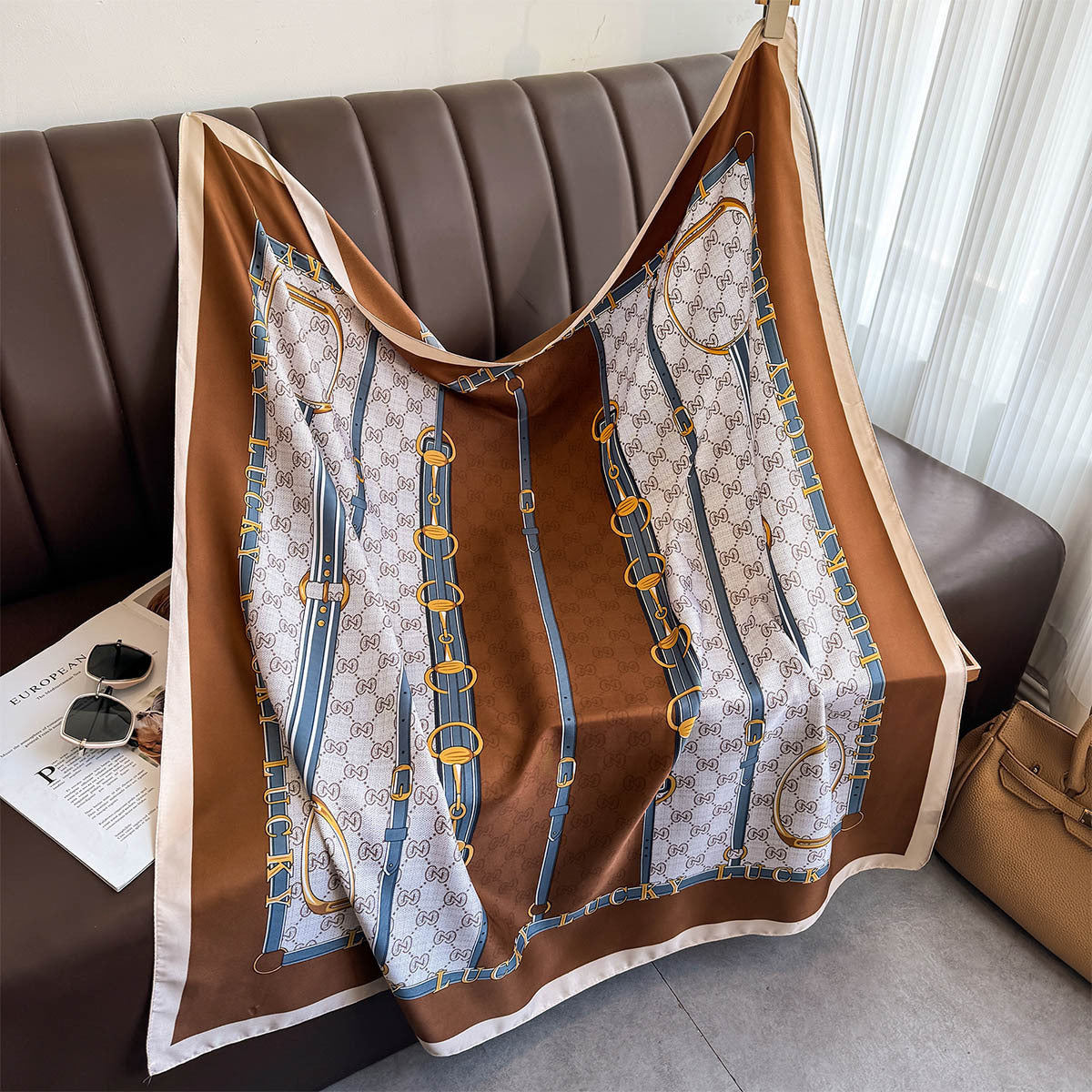 Spring and summer shawl with fashion printed belt, silk scarf, large square scarf, high-end women's dual-purpose versatile thin scarf