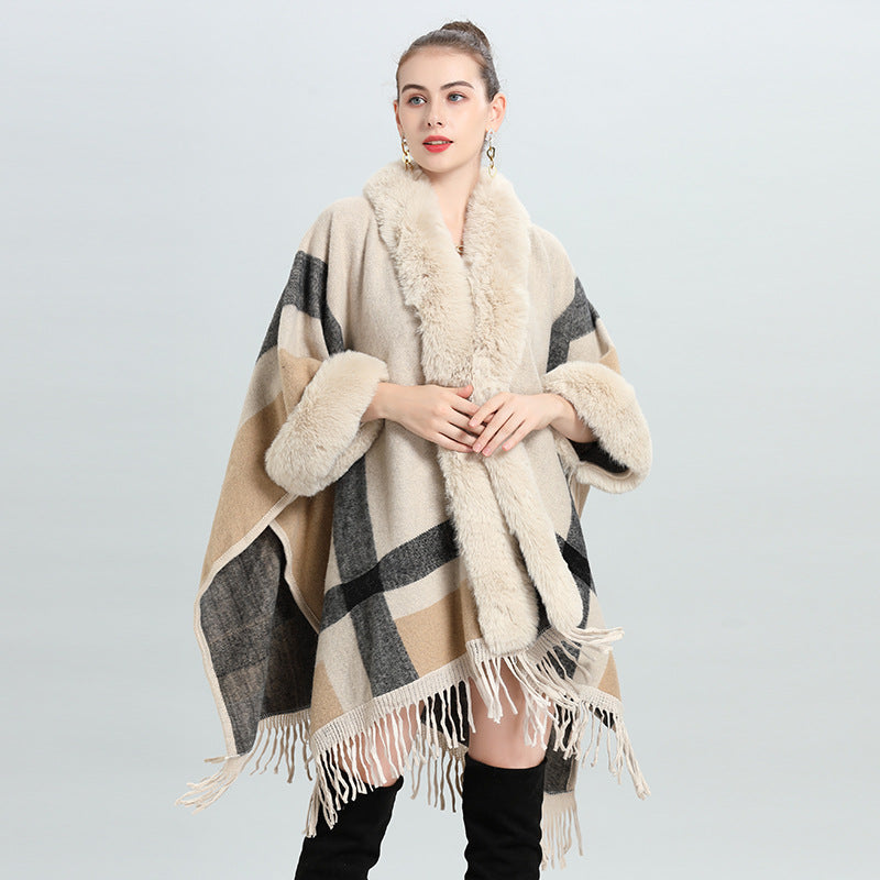 European and American autumn and winter new imitation Rex rabbit fur collar fashion striped loose fringed knitted cardigan shawl cape 0913 #