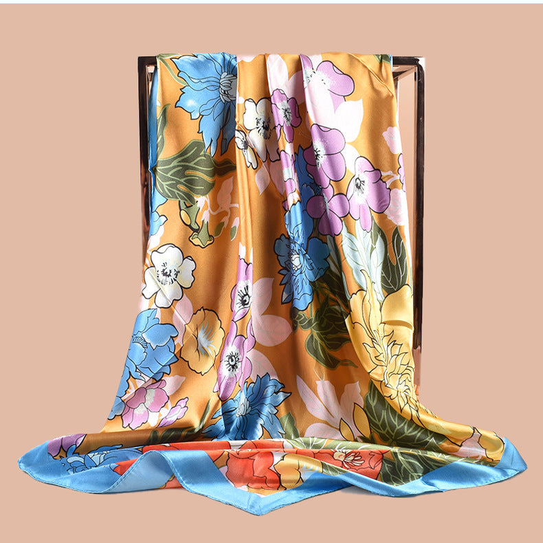 Spring new sweet flower simulation silk printing silk scarf head scarf 90 color diced light luxury square scarf