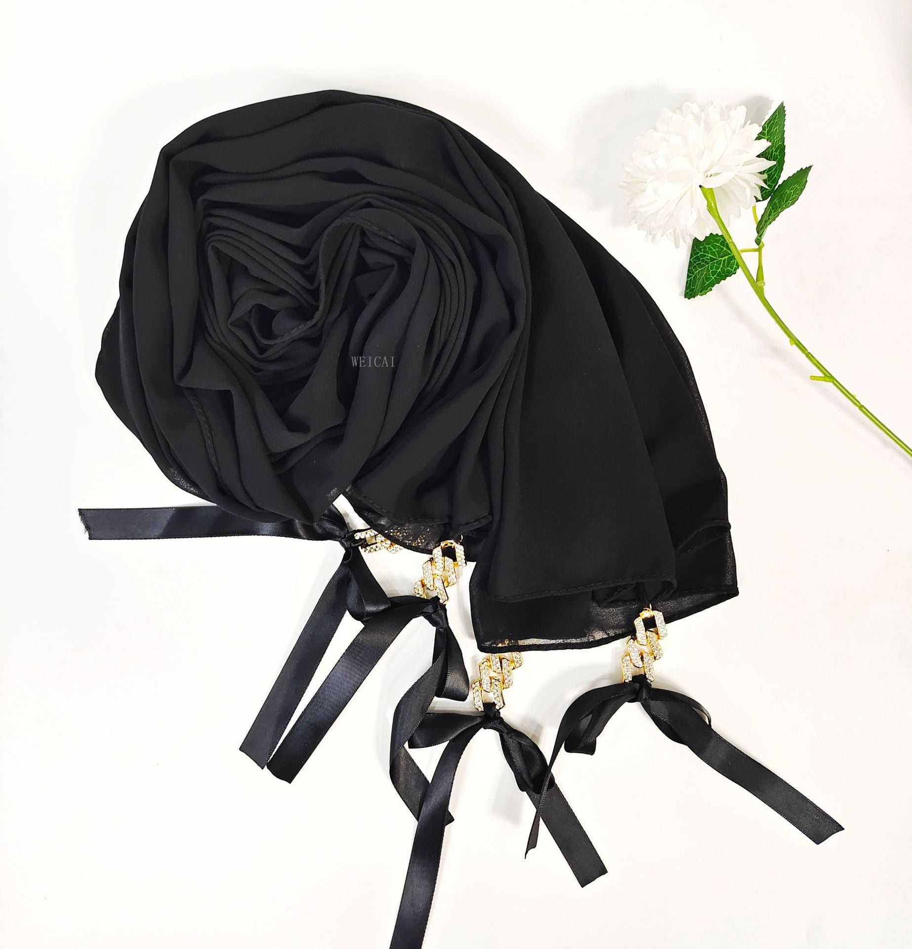 New ins fashion monochrome pearl chiffon diamond jewelry bow tassel  bag headscarf hijab