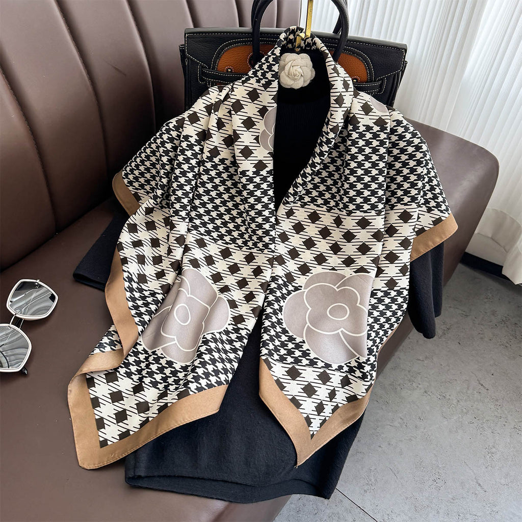 New Korean version plaid printing light luxury large square scarf spring and summer sunscreen silk scarf air conditioner warm shawl women
