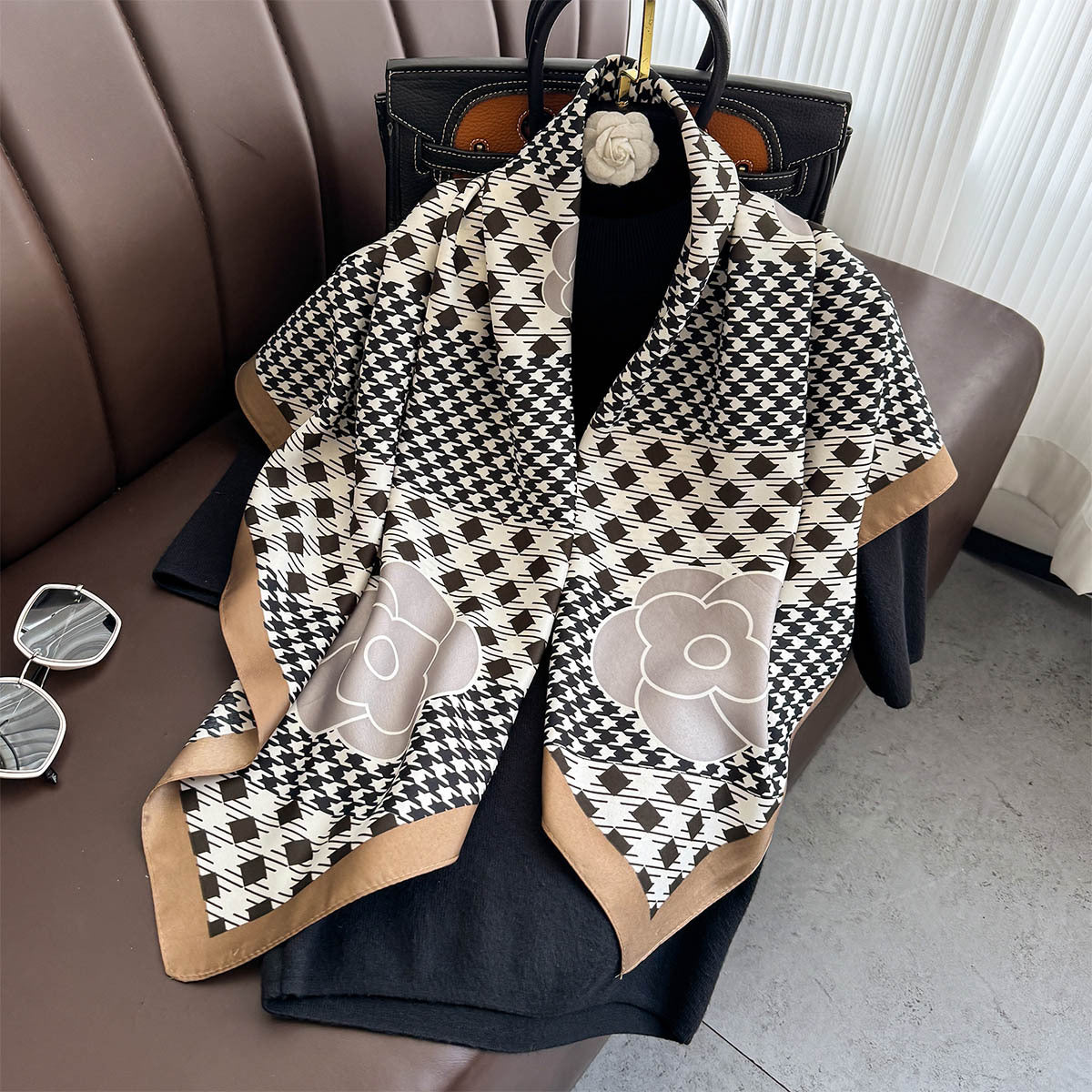 New Korean version plaid printing light luxury large square scarf spring and summer sunscreen silk scarf air conditioner warm shawl women