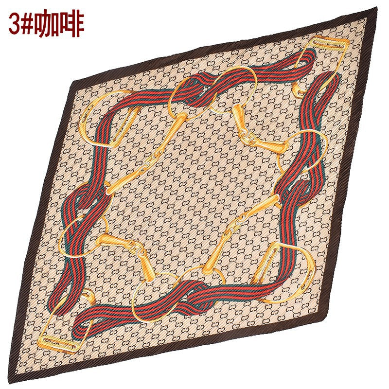 New French chain ring pattern printed pleated 90-color large square towel, head towel simulation silk