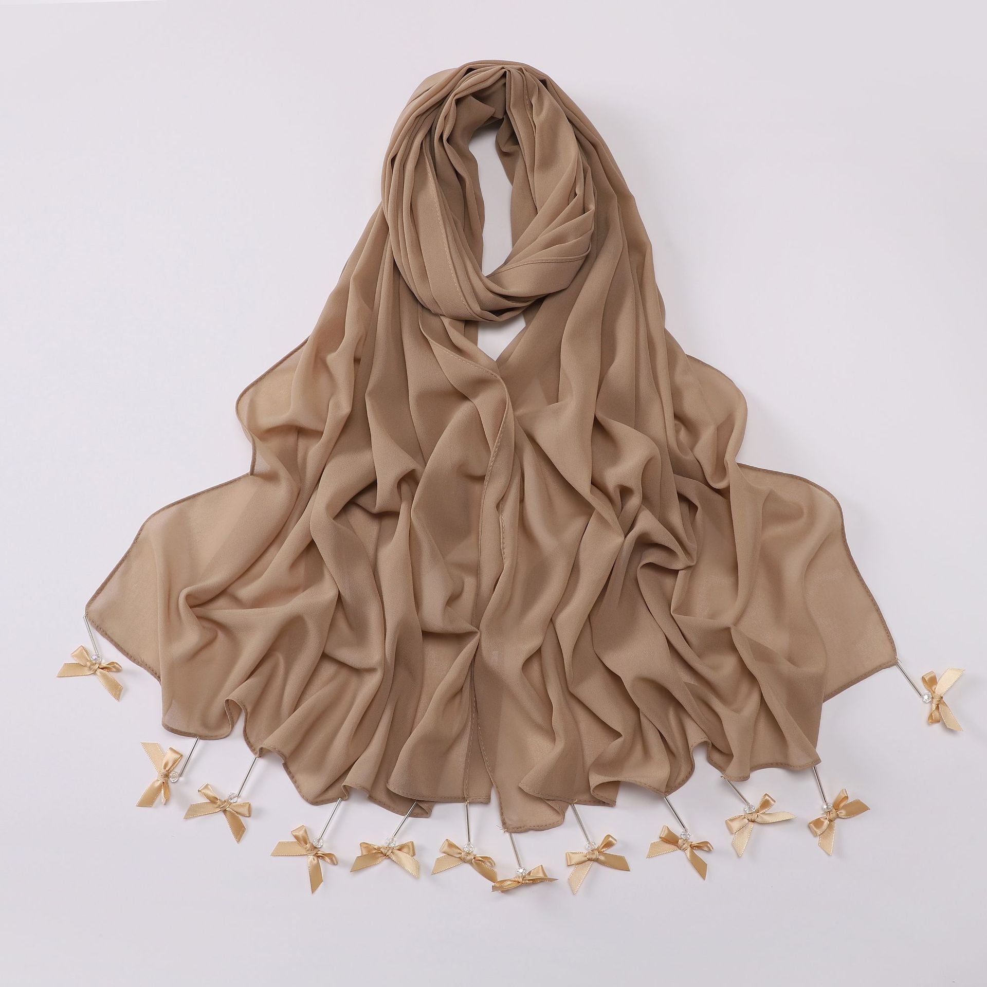 Hand sewn glass tube bow chiffon long towel yarn scarf Malaysia small fresh headscarf