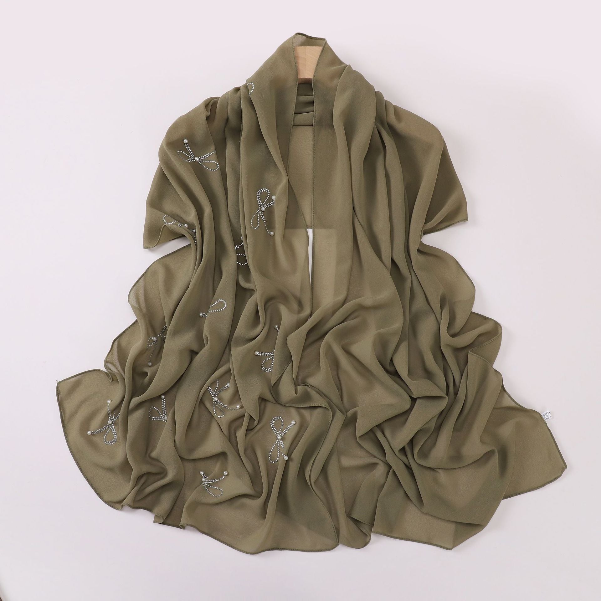 New pearl chiffon bow hot diamond beads long towel yarn towel small fresh headscarf women