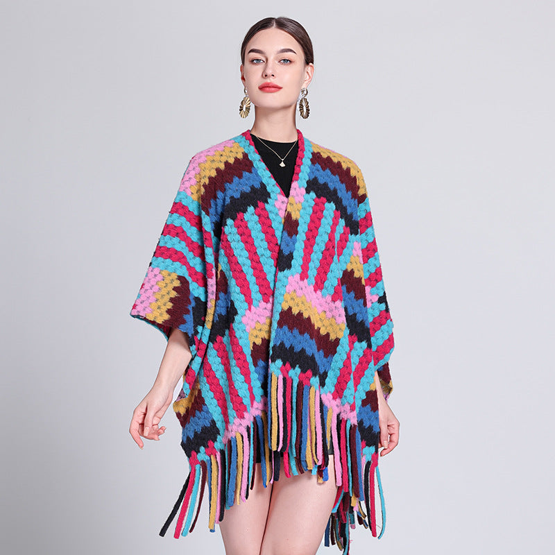 Autumn and winter new colored shawl with ethnic style travel temperament fringed shawl cape cape scarf coat women