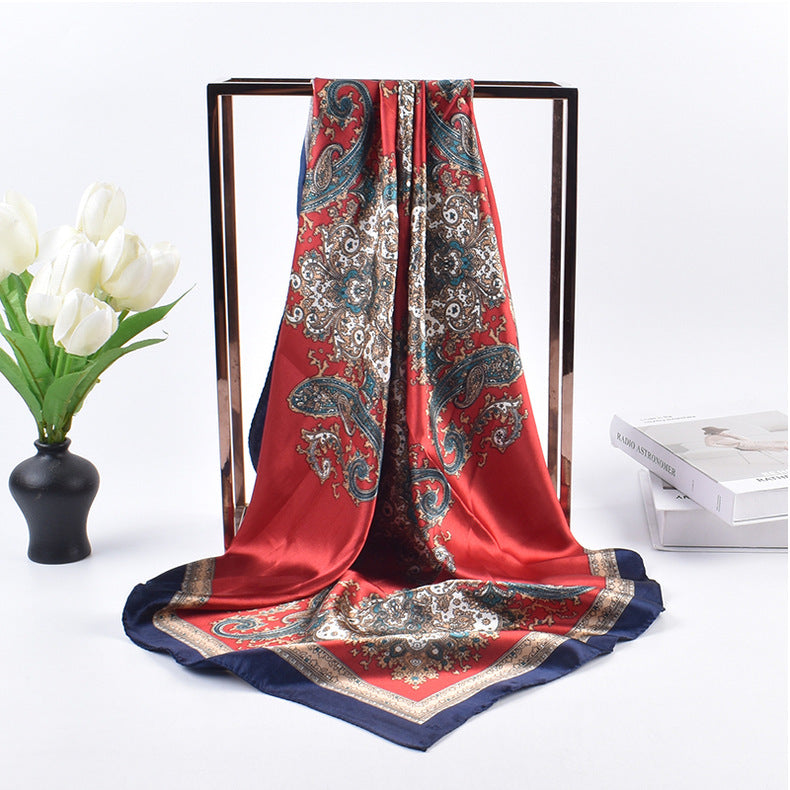 New versatile women's shawl scarf simulation silk 90 satin women's printed temperament silk scarf large square scarf headscarf