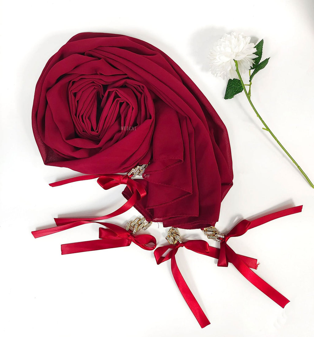 New ins fashion monochrome pearl chiffon diamond jewelry bow tassel  bag headscarf hijab