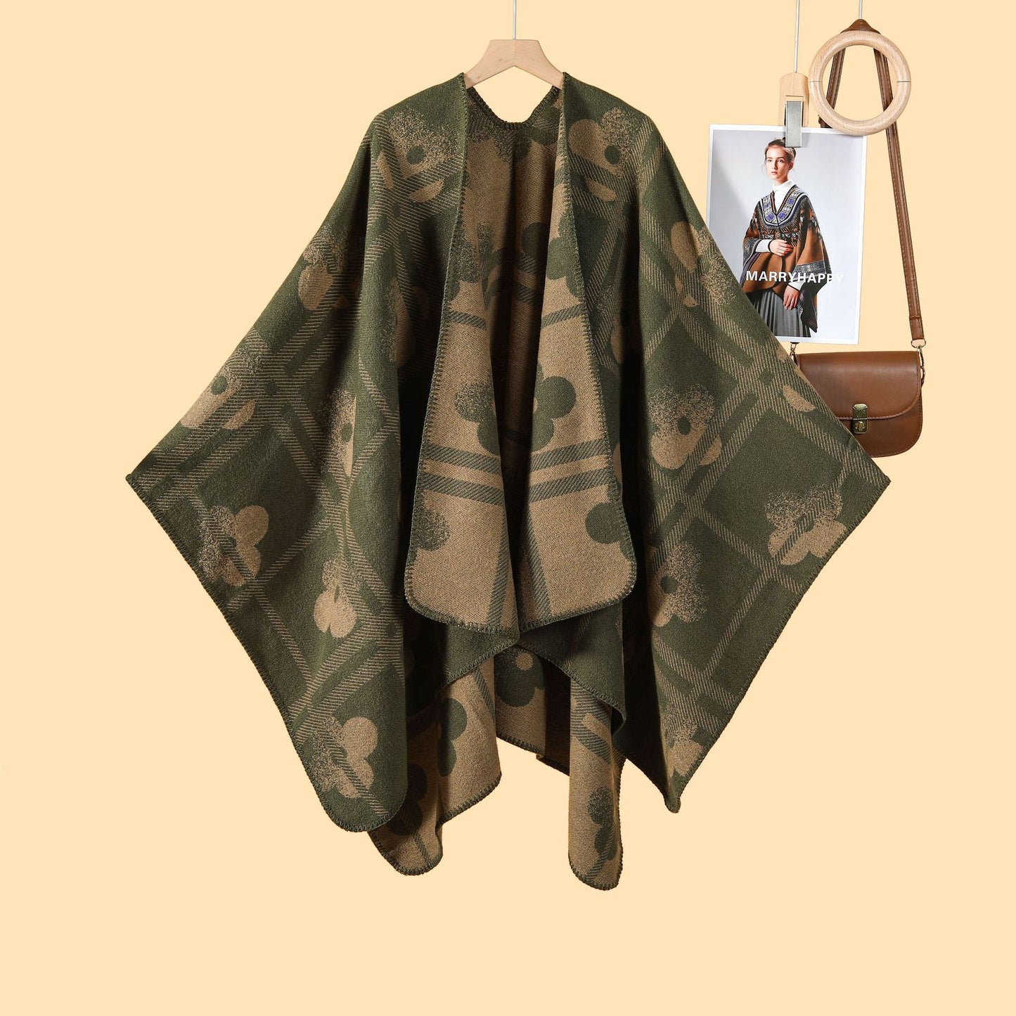 Autumn and winter new plaid plum blossom thickened warm shawl cape women's European and American street fashion catwalk outside cardigan