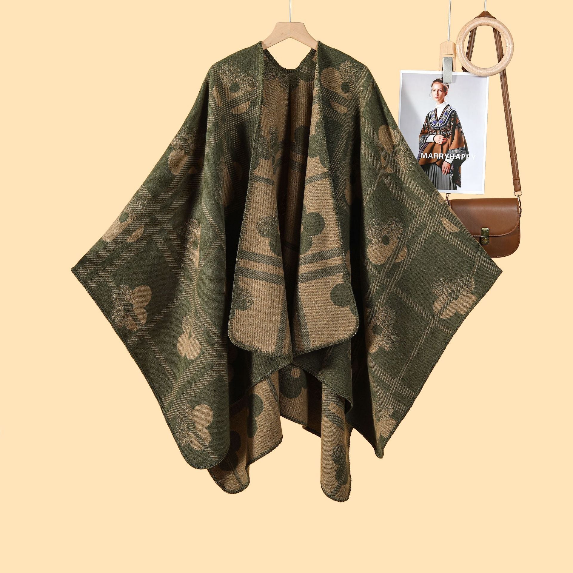 Autumn and winter new plaid plum blossom thickened warm shawl cape women's European and American street fashion catwalk outside cardigan