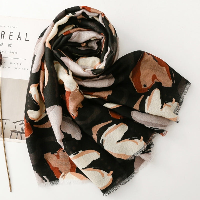 Stylish and simple commuter cotton and linen feel scarf plant flower burr silk scarf thick shawl
