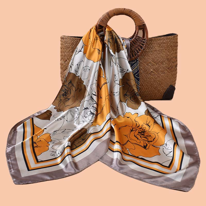 Spring and summer temperament big flower printing versatile decorative scarf headscarf silk scarf 90 high-quality satin large square scarf