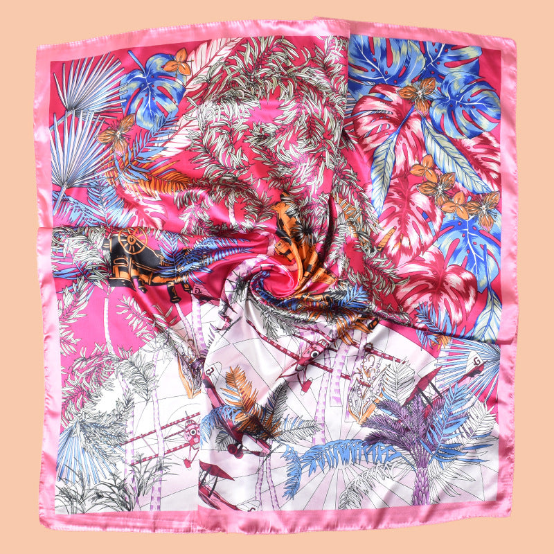 New 90cm satin jungle aircraft printed square scarf with sunscreen, head silk scarf decoration, scarf
