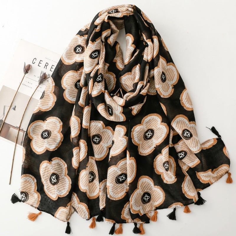 Spring and summer cotton and linen feel scarf celebrity style four-leaf flower window fringed silk scarf warm shawl