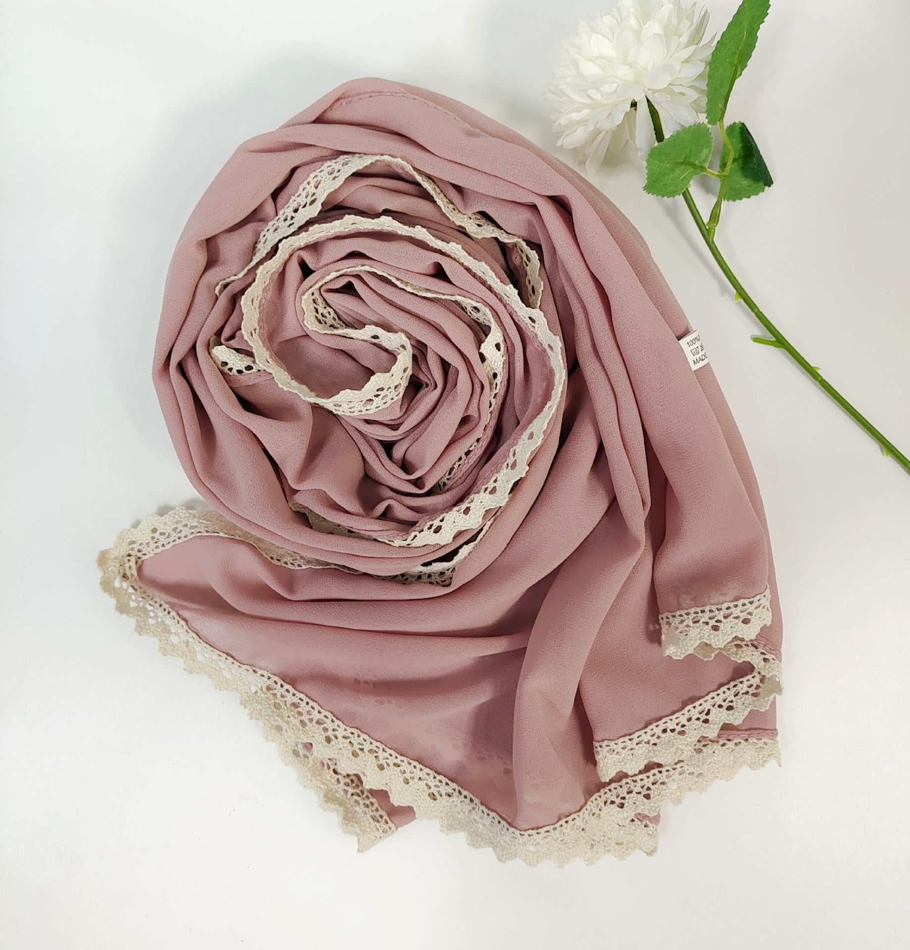 New ins fashion monochrome pearl chiffon lace fringed  scarf headscarf hijab