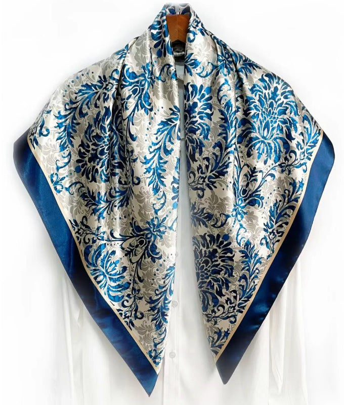 Simple and elegant plant flower flower, satin 90 square scarf, high-end women's headscarf with hand gift silk scarf