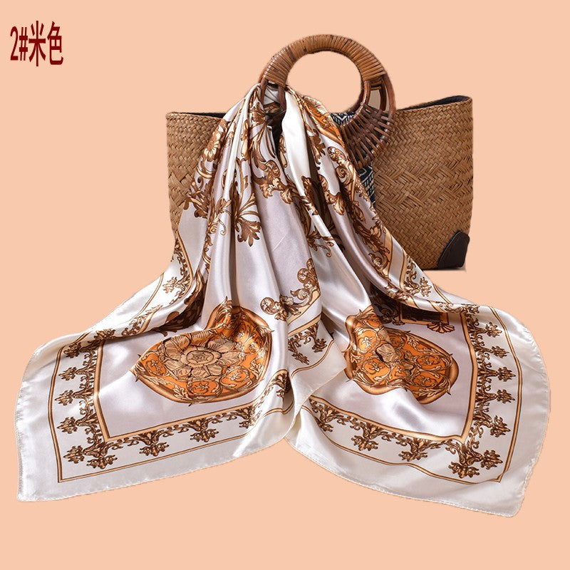 Spring and summer symmetrical vine symbol printed versatile decorative scarf headscarf silk scarf 90 high-quality satin square scarf