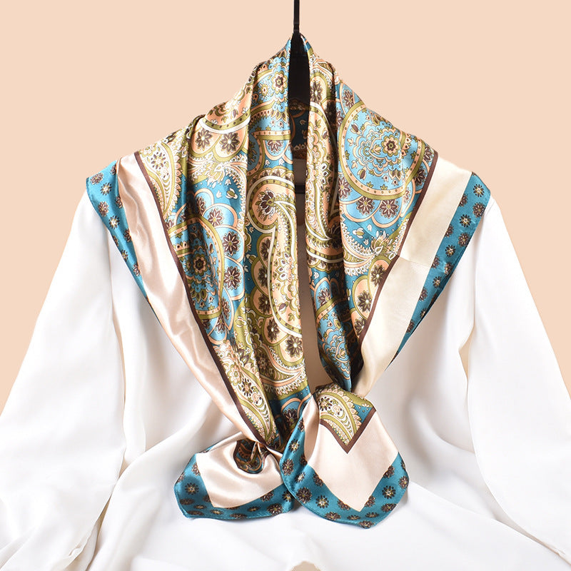 Spring and summer decorative versatile scarf fashion cashew flower printed silk scarf high-quality satin 90cm satin square scarf