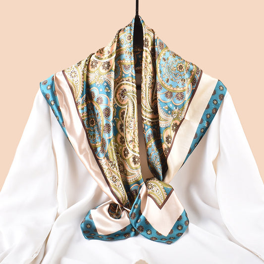 Spring and summer decorative versatile scarf fashion cashew flower printed silk scarf high-quality satin 90cm satin square scarf