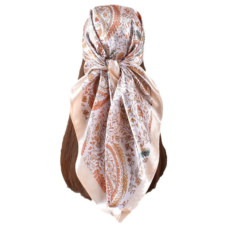 New 90cm satin leaf flower cashew flower printed square scarf with sunscreen, bag head silk scarf decoration, scarf