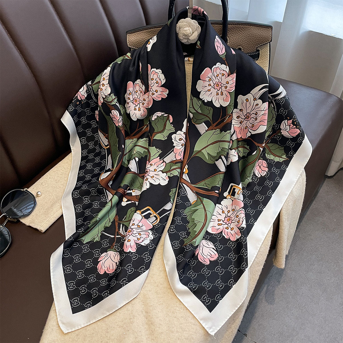 Spring and Autumn New Women's Twill 90 Square Scarf Fashion Flower Printing Multifunctional Versatile Shawl Scarf