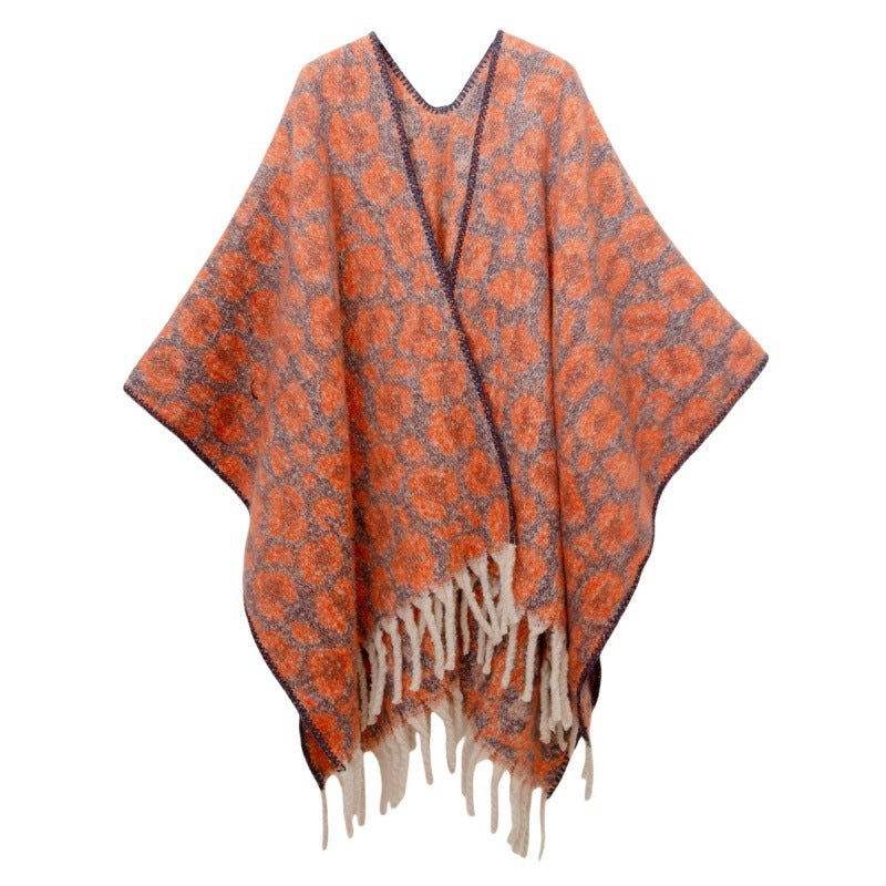 European, American autumn and winter circle yarn imitation mohair thickened jacquard leopard print fringed cross shawl
