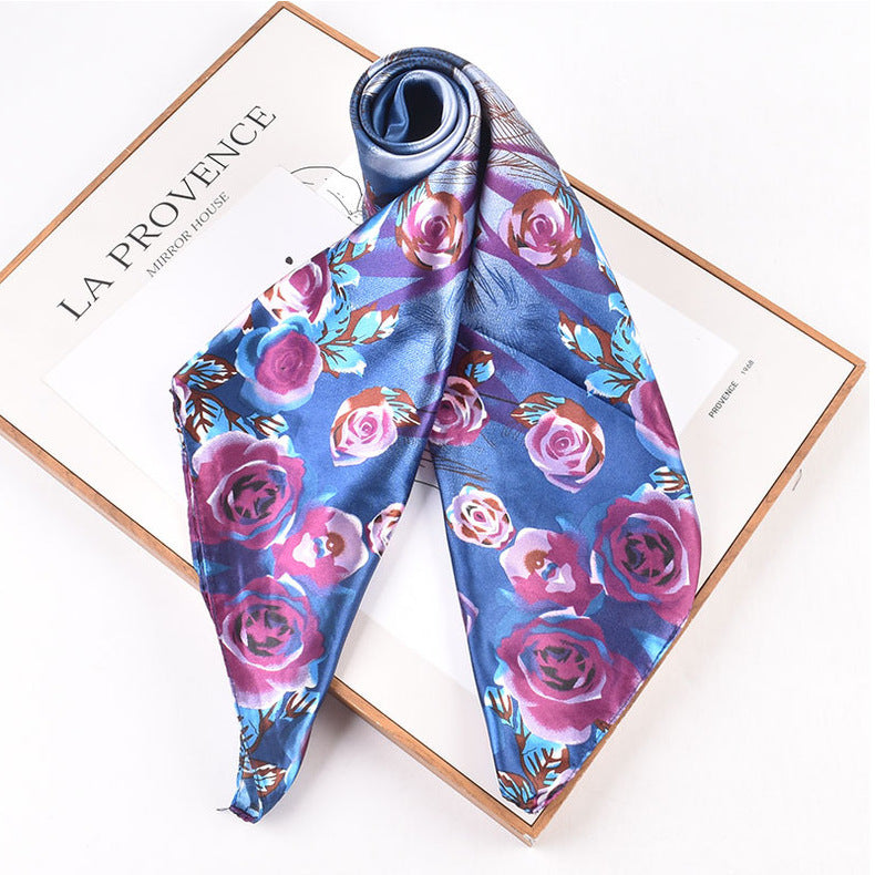 Autumn and winter new 90 high-end rose square scarf versatile retro printing women's 90-color diced imitation silk