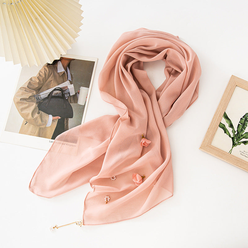 New pearl chiffon flower pearl scarf yarn scarf 90CM square scarf Middle East and Africa headscarf
