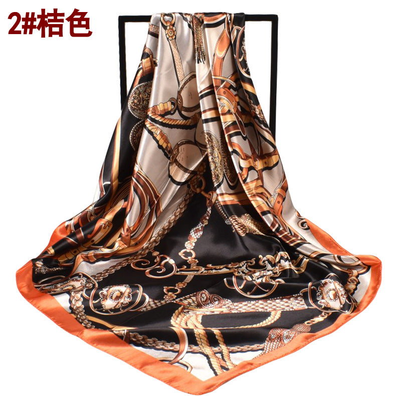 Spring new retro chain rope flower 90 satin printing silk scarf