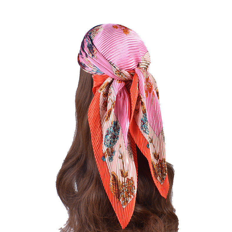 Summer new fashion retro flower pleated 90 satin large square scarf silk scarf imitation silk scarf
