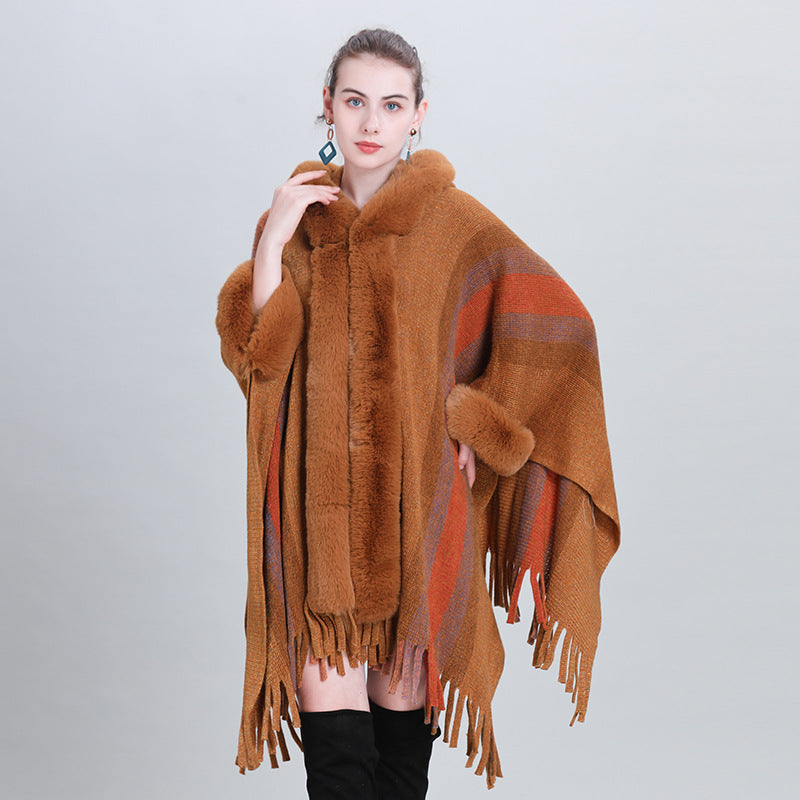 European and Korean autumn and winter new cape shawl, colorful striped fur collar hooded fringed knitted cardigan shawl cape 0983 #