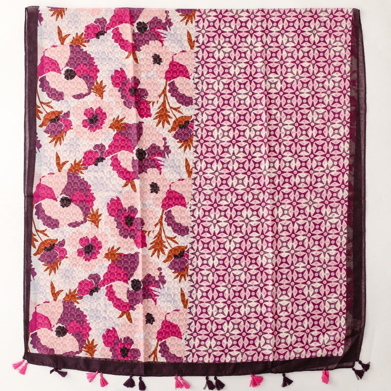 Bohemian ethnic style cotton and linen feel scarf color matching flower travel sunscreen silk scarf seaside vacation shawl women
