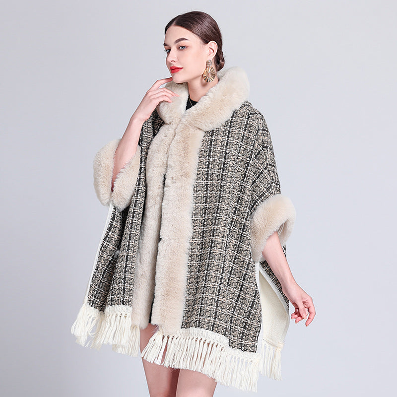 Europe, America, autumn and winter new woolen coat women's fashion fur collar hooded fringed cape shawl with cape small fragrance