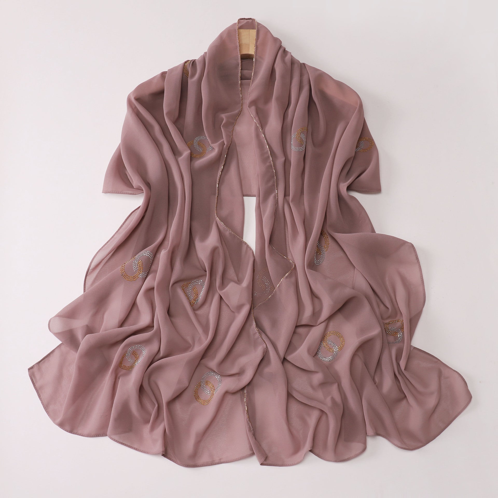 New Pearl Chiffon Long Edge Metal Chain Double Ring Hot Diamond Long Towel Yarn Middle East Head Towel